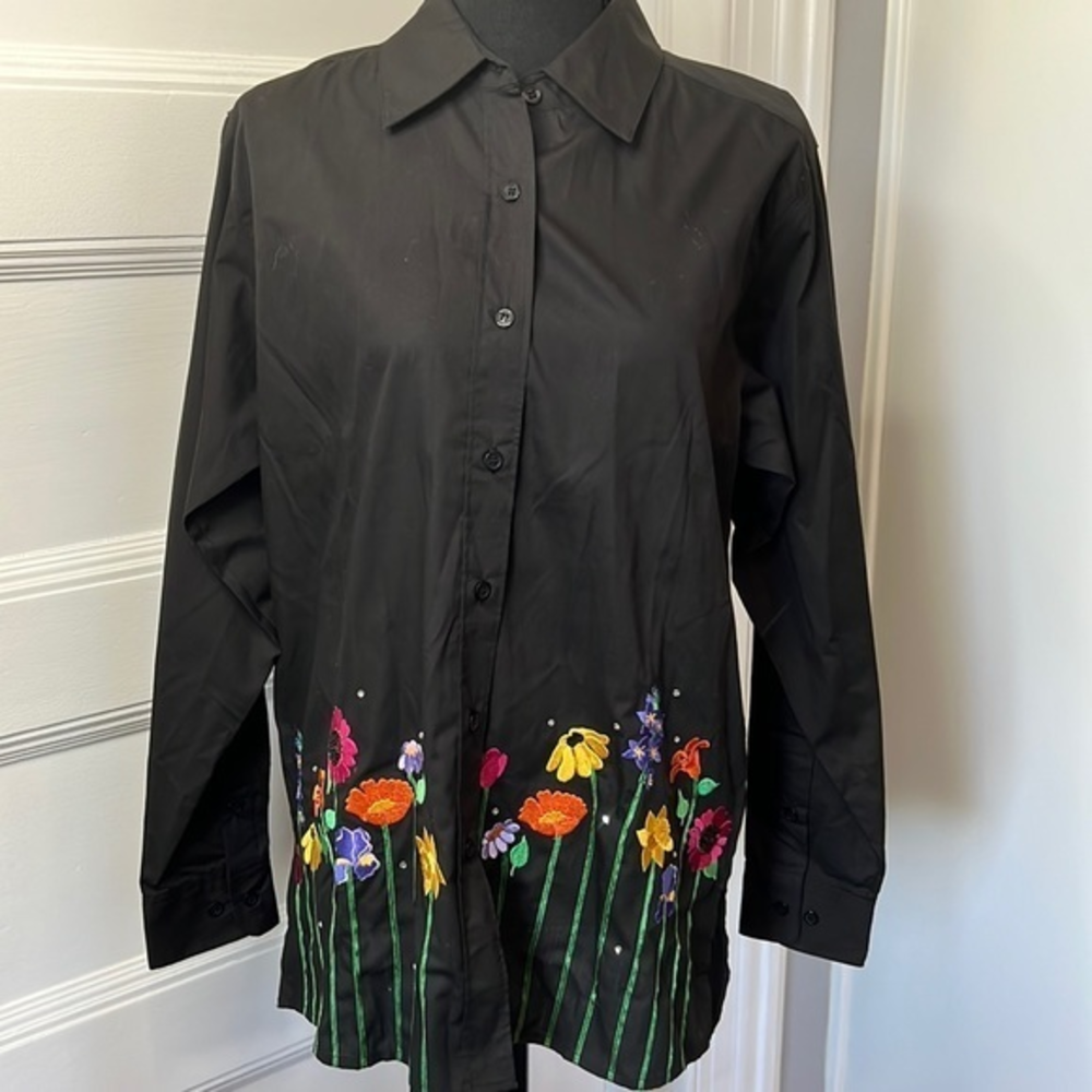 THE QUACKER‎ FACTORY WOMENS BUTTON DOWN EMBROIDERED BLOUSE SIZE S